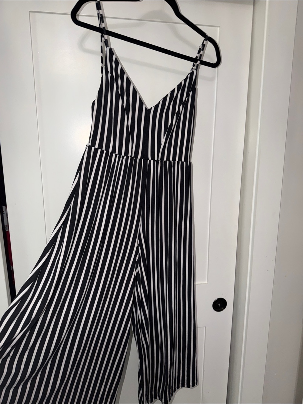 Striped Black and White V-Neck Wide-Leg Jumpsuit